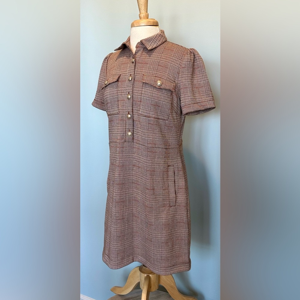 Loft Plaid Collared Mini shift dress front button browns short sleeve size 6 - Picture 4 of 16